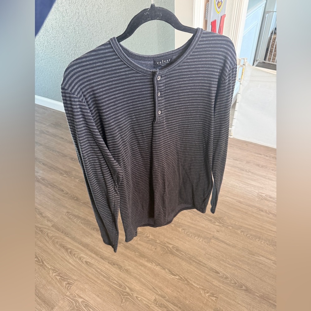 Velvet Men's Charcoal Striped Long Sleeve Henley